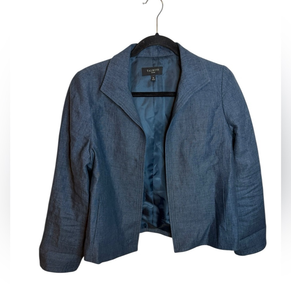 Talbots Navy Blue Linen Open Front Blazer